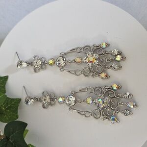 Silver AB Rhinestone Chandalier Statement Earrings